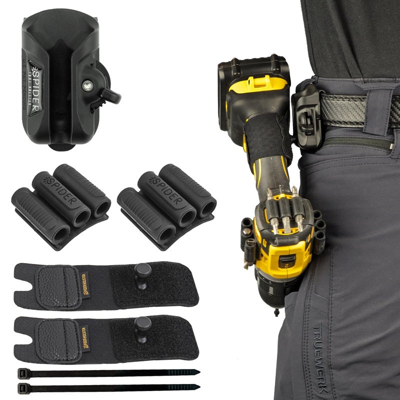 Spider Tool Holster - Dual Tool Kit - Adhesive BitGrippers + Self Locking, Quick Draw Belt Holster Clip for Carrying a Power Drill, Driver, Multitool, Pneumatic, Flashlight, Hammer, Saw and More! - Image 1